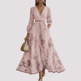 Leah - Florales Langärmeliges Midikleid in Rosa