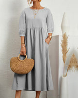 Midikleid mit Rundhalsausschnitt & Laternenärmeln – Selina in Grau