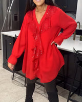 Aurora - Lange Bluse mit V-Ausschnitt in Rot