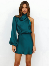 Eline Damen One Shoulder Satin Kleid in Marineblau