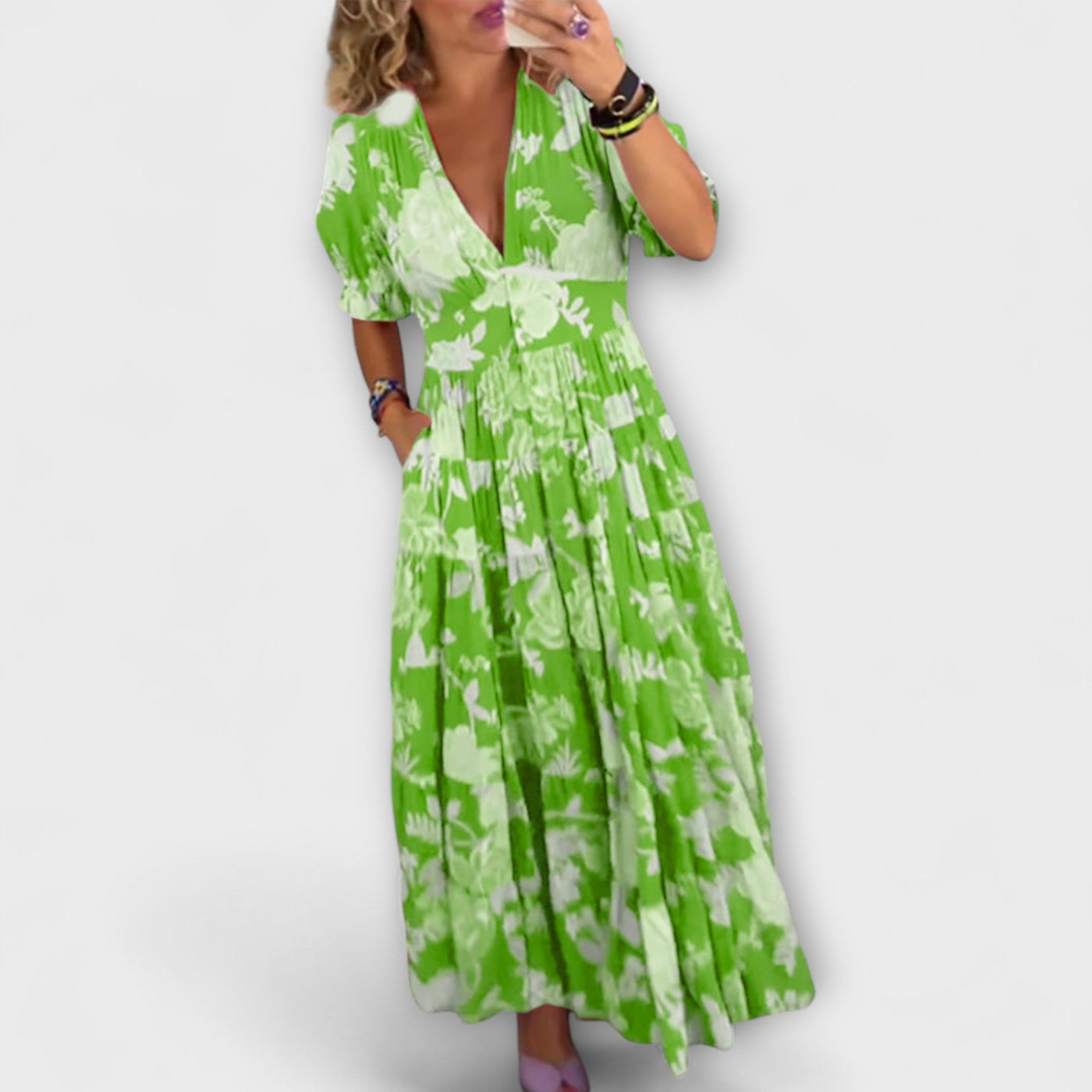 Catrisa - Floral Print V-Ausschnitt Taschenkleid