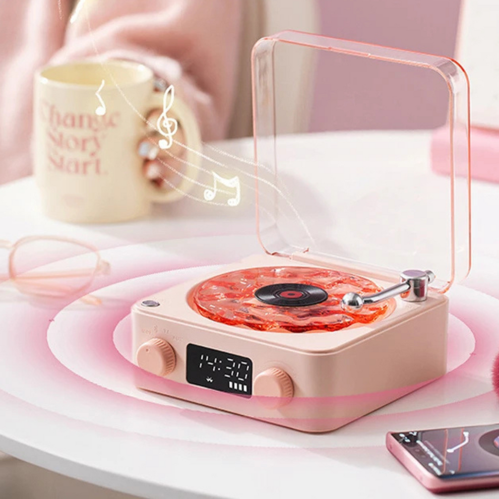 VintageVibe Soundbox - Retro Vinyl-Lautsprecher mit drehendem Plattenspieler