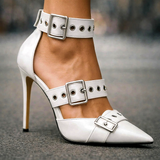 Damen Gothic-Stil Nieten Schnallen High Heels – Auffällige Stiletto Schuhe in Weiß