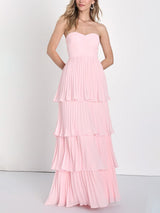 Damen Trägerloses Gerafftes Gestuftes Maxi Anlasskleid – Elegantes Abendkleid in Rosa