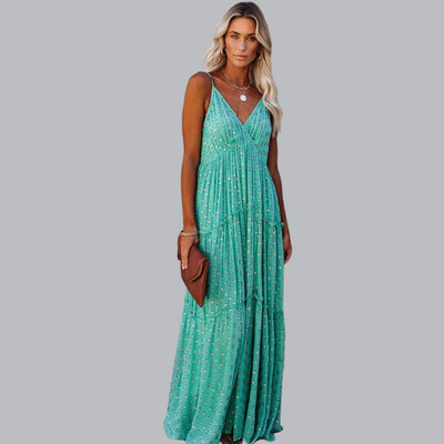 Ursaline™ | Grüne Maxi Kleid Mit V-Ausschnitt Und Sommerlichem Ibiza-Muster