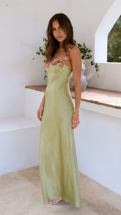 Elegantes Satin-Maxikleid | Feminine Eleganz & Raffinesse | Blumenstickerei
