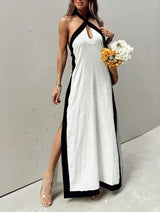 Damen Farbblock Halterneck Maxikleid Mit Seitenschlitz – Elegantes Kleid in Weiß