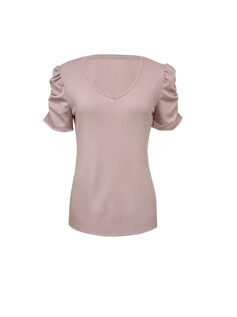 Rosemarie - Einfarbiges Geripptes Damen T-Shirt V-Ausschnitt Frühling