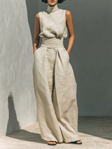 Damen Leinen Zweiteiler Set - Rollkragen Top Weite Hose in Khaki