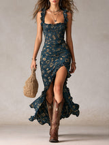 Damen Boho Maxikleid Mit Rüschenärmeln – Sommerkleid Mit Schlitz in Marine blau