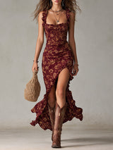 Damen Boho Maxikleid Mit Rüschenärmeln – Sommerkleid Mit Schlitz in Rotwein