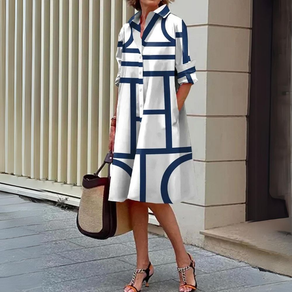 Elegantes Hemdblusenkleid | Grafikmuster & A-Linien-Schnitt | Moderner Chic