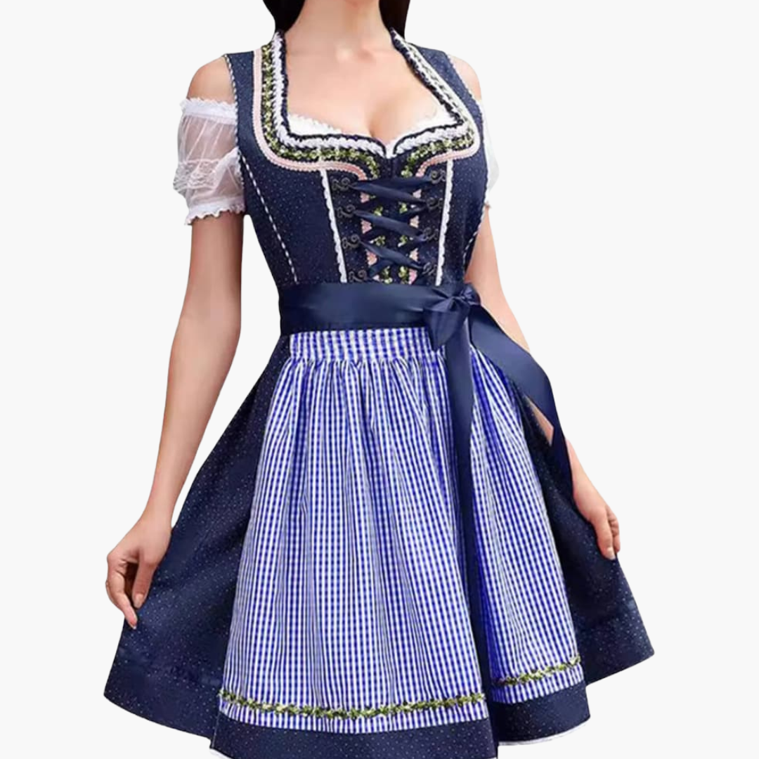 Oktoberfest Dirndl 2025 mit Spitzenbesatz und Karoschürze für Damen