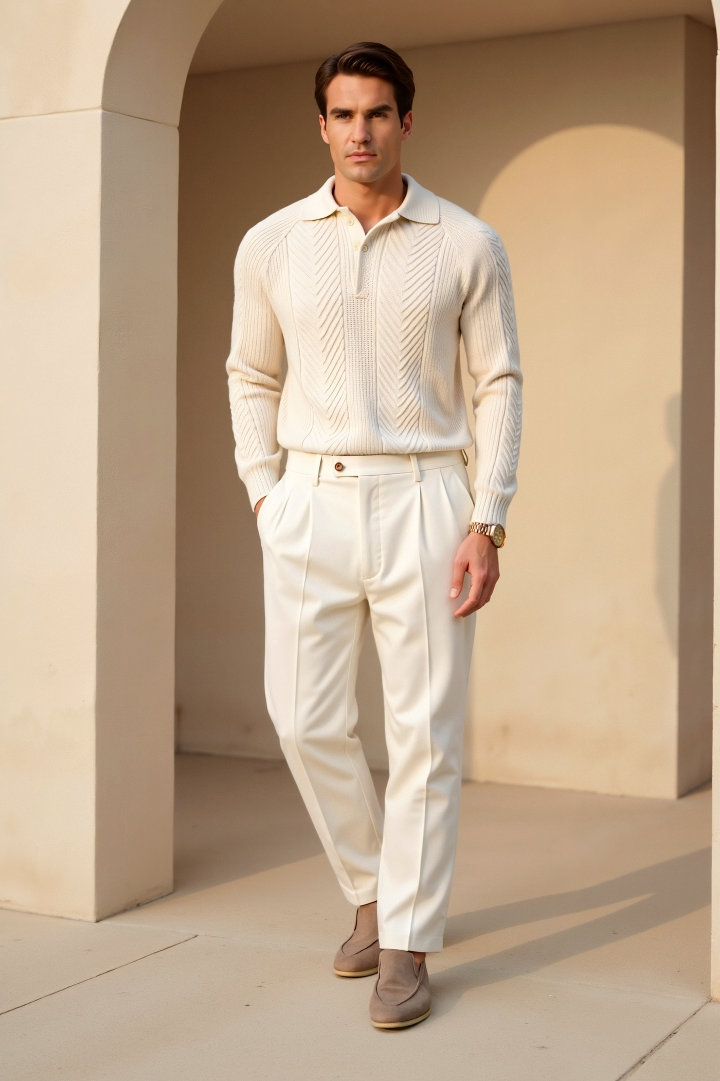 Klassischer Zopfstrickpullover mit Polokragen