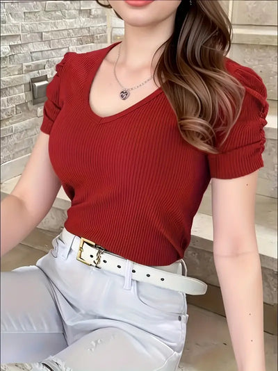 Rosemarie - Einfarbiges Geripptes Damen T-Shirt V-Ausschnitt Frühling