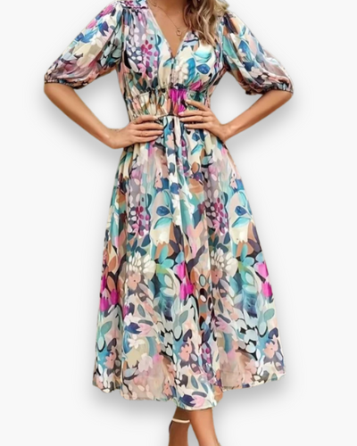 Damen Elegantes Blumenmuster Kleid | Midi Sommerkleider