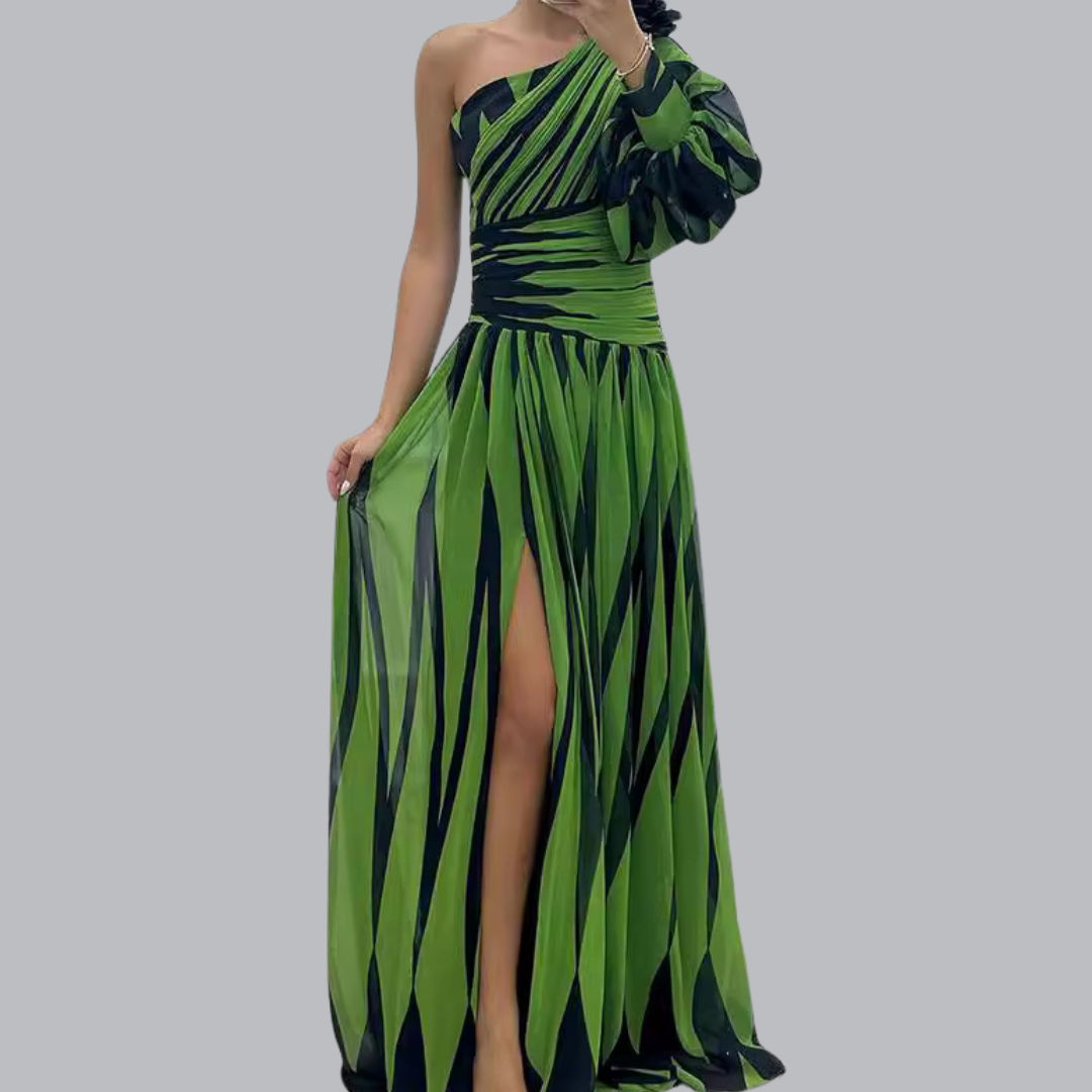 Nora™ | Asymmetrisches Maxikleid mit modernem Streifenmuster