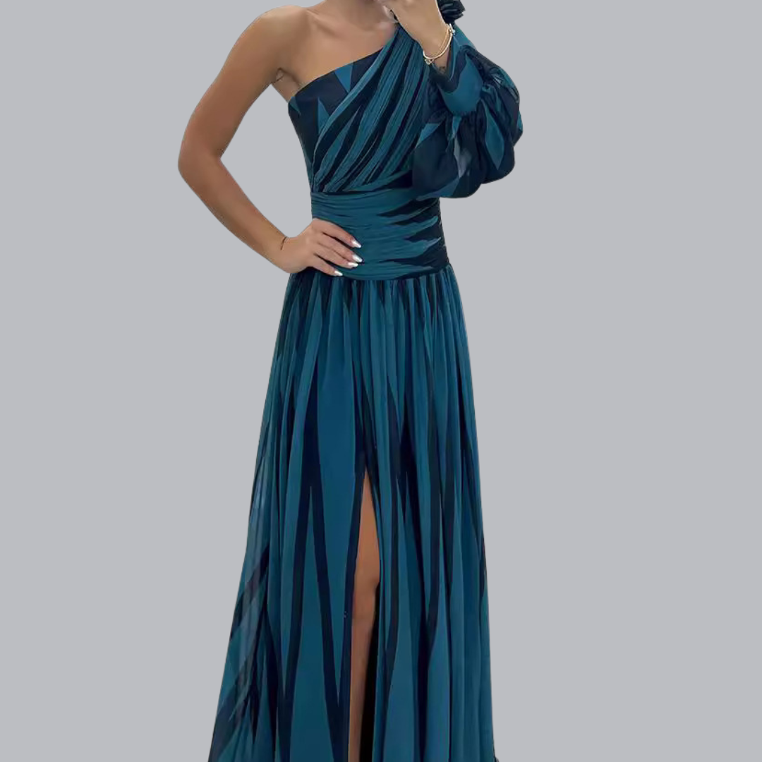 Nora™ | Asymmetrisches Maxikleid mit modernem Streifenmuster