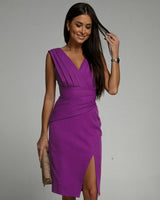 Damen V-Ausschnitt Figurbetontes Business Kleid - Kurzarm Mit Schlitz in Lila
