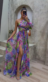 Damen Florales Schulterfreies Sommerkleid - Eleganter Fließender Event Kleid in Lila