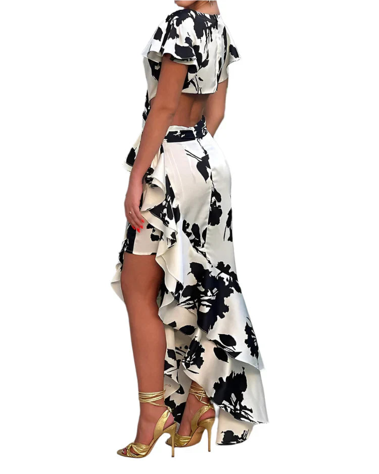 Marcy - Bedrucktes Kleid mit V-Ausschnitt und Rüschärmeln