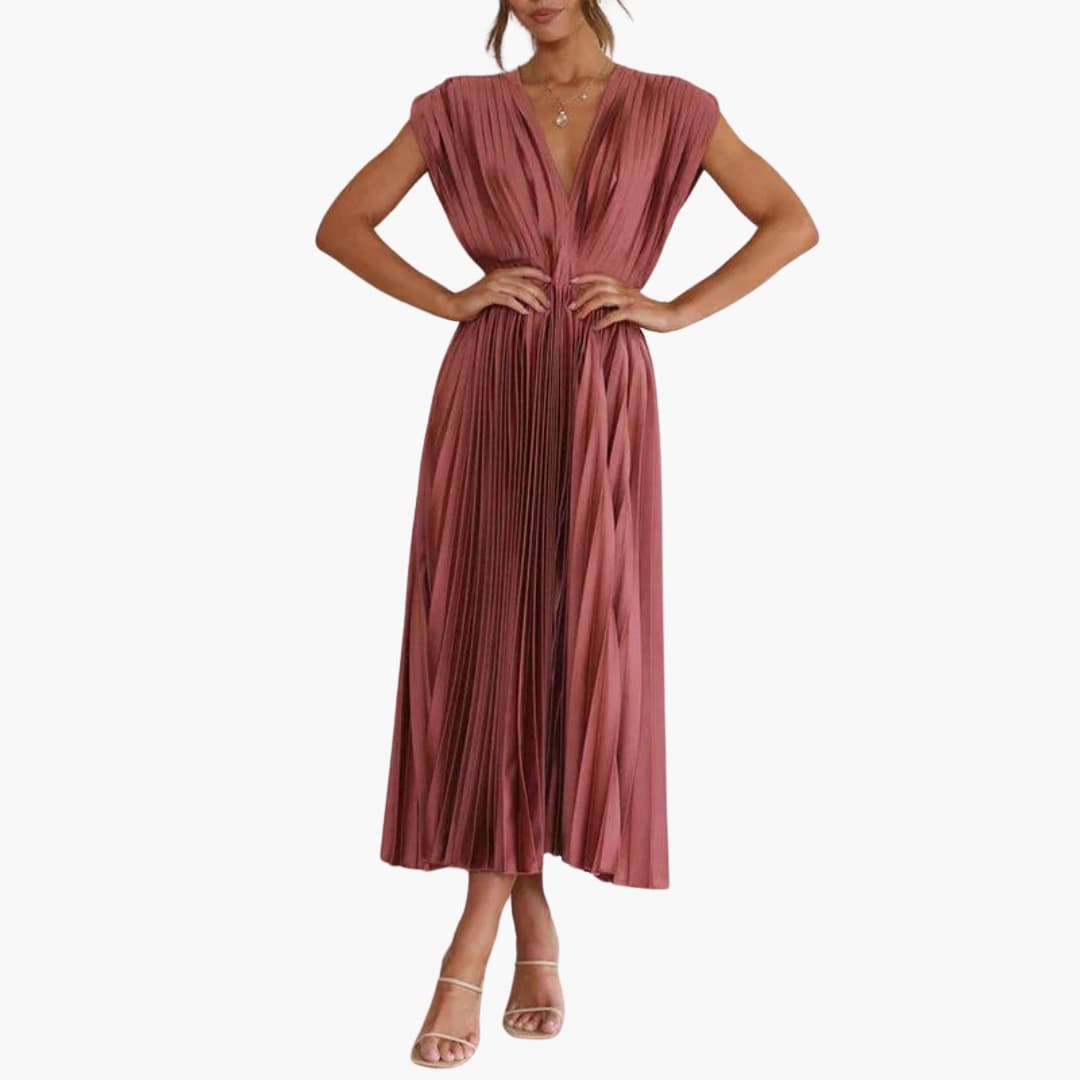 V-Ausschnitt Midi Abendkleid für Frauen - Elegante Faltenoptik
