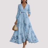Leah - Florales Langärmeliges Midikleid in Blau