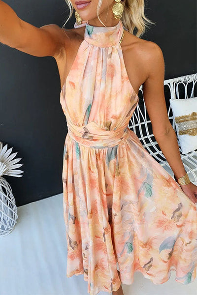 Maxi-Kleid mit Neckholder, offenem Rücken, tailliert und Aquarellprint