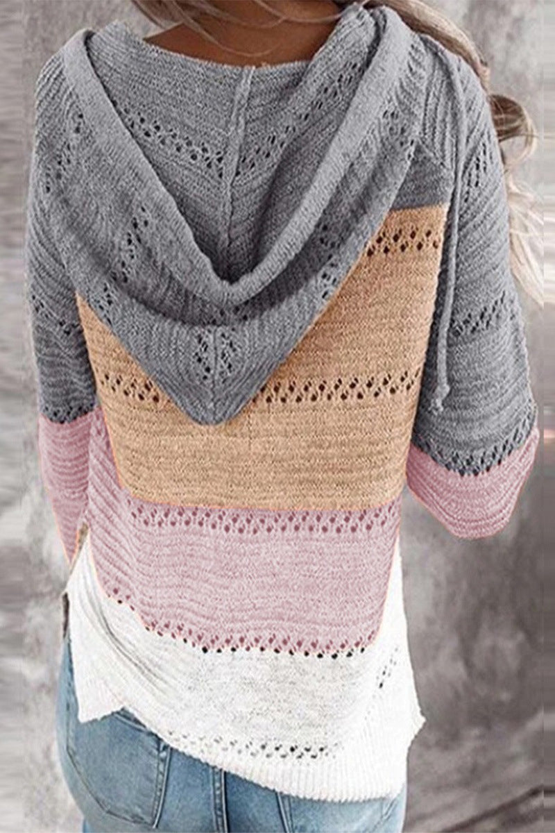 Strickpullover mit Leoparden- und Streifenmuster | Kapuzen-Design | Müheloser Stil