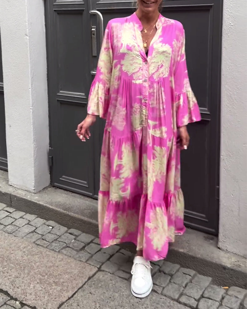 Maxikleid mit Print, Volantärmeln & Stehkragen – Stilvoll & Luftig