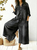 Damen Lässiger Weit Geschnittener Denim Jumpsuit – Bequeme Passform Outfit in Schwarz