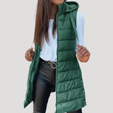 Drune | Frauen langes Gilet mit Kapuze gepolsterter Winter-Puffer in Grün