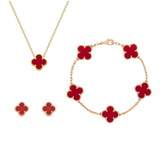 Damen Kleeblatt Stil 3-In-1 Schmuckset – Luxus Halskette Armband Ohrringe in Rot