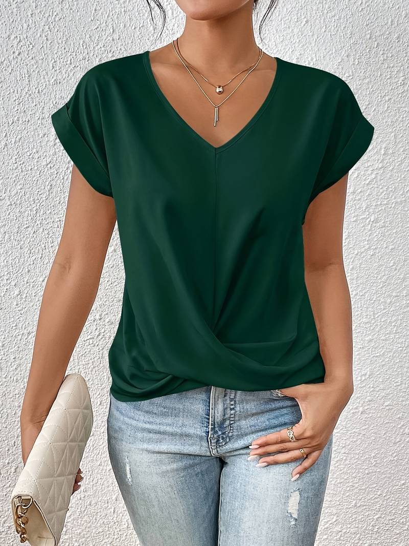 Leichtes Damen Kurzarm-Top – V-Ausschnitt & Twist-Detail vorne