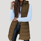 Drune | Frauen langes Gilet mit Kapuze gepolsterter Winter-Puffer in Braun