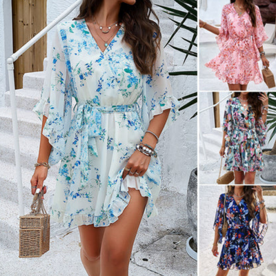 Loraine - Blüten V-Ausschnitt Glockenärmel Mini Kleid für Frauen