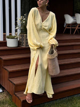 Damen Plissiertes Kleid Mit Schlitz Und Laternenärmeln – Elegantes Maxikleid in Gelb