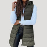Drune | Frauen langes Gilet mit Kapuze gepolsterter Winter-Puffer in Waldgrün