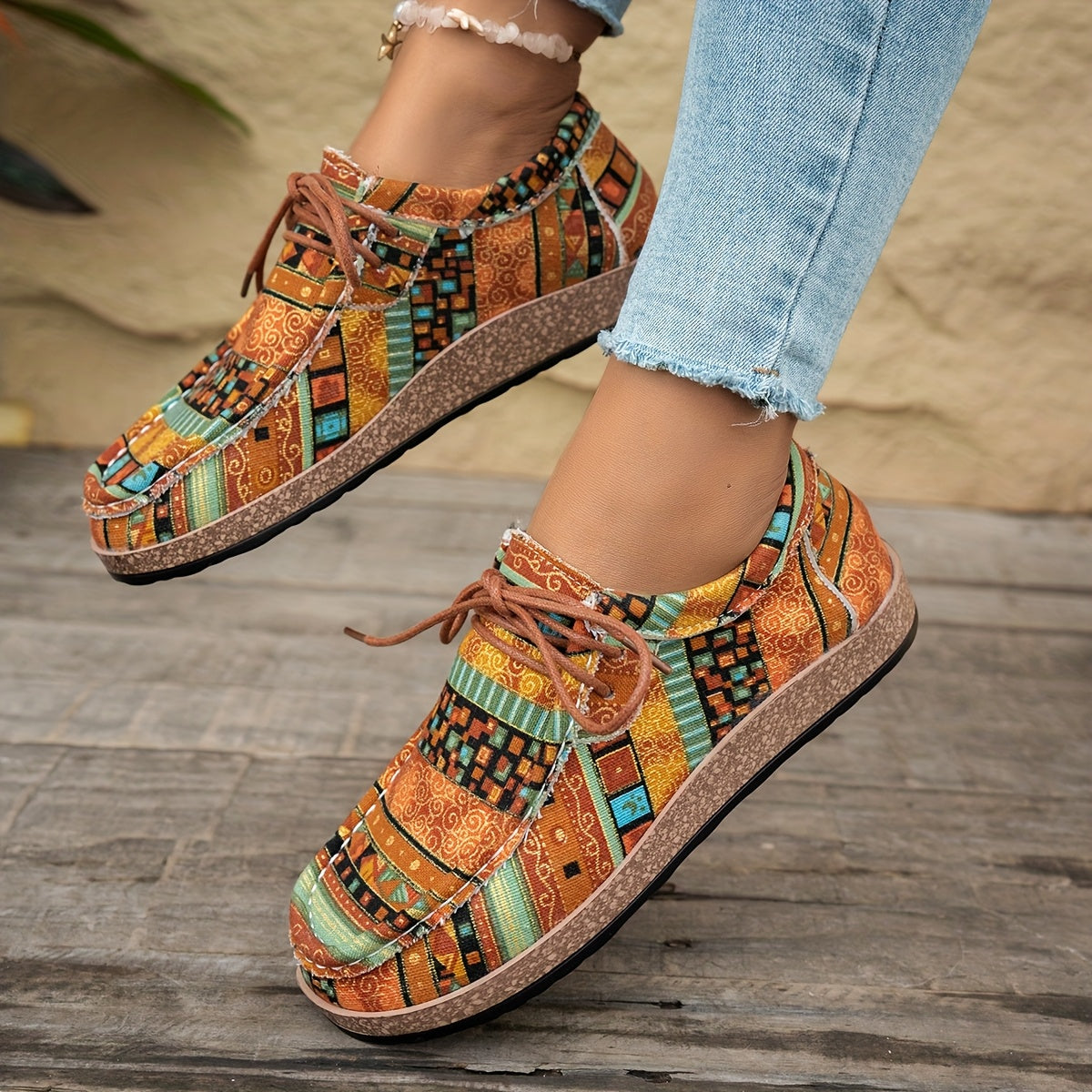 Damen Vintage Boho SchnürSchuhe