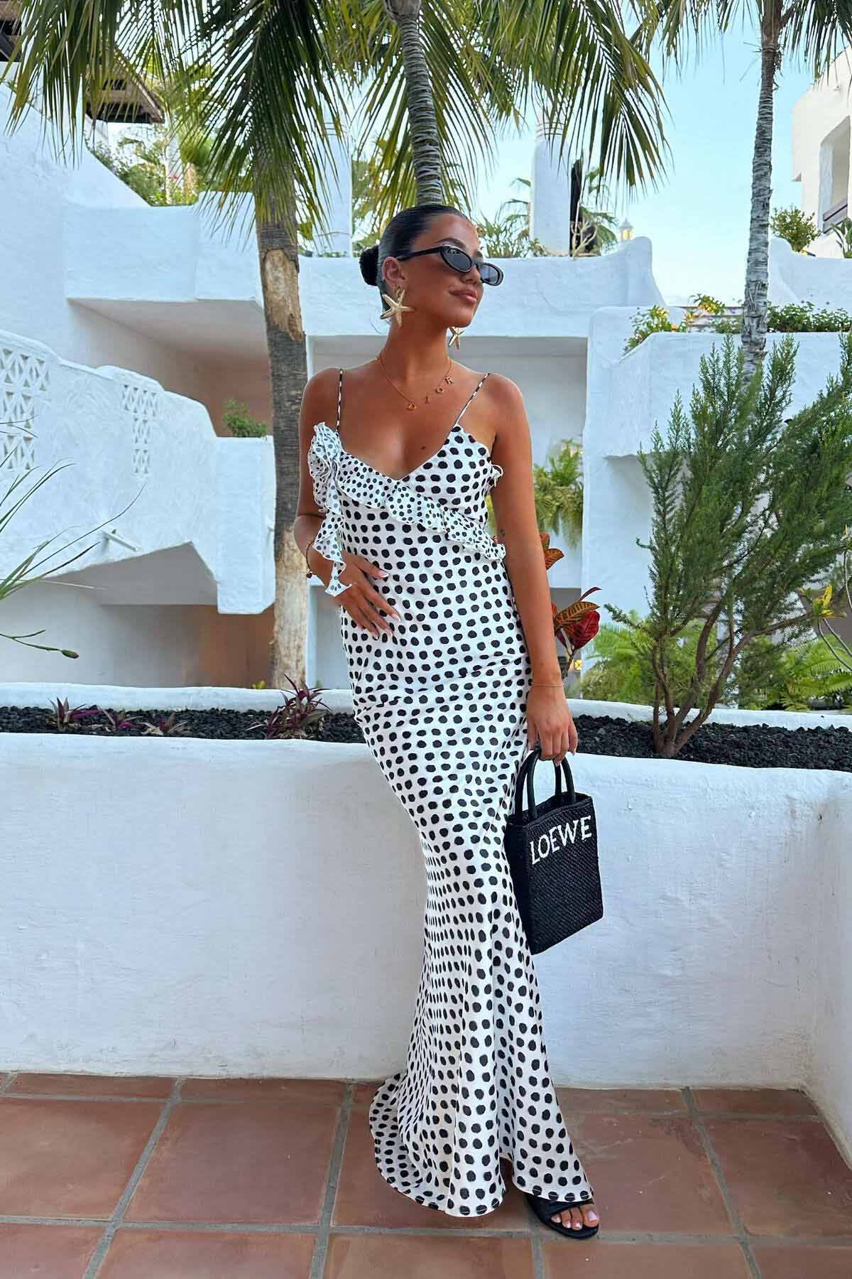 Elegantes Maxikleid | Verspielte Volants & Pünktchenmuster | Feminine Leichtigkeit