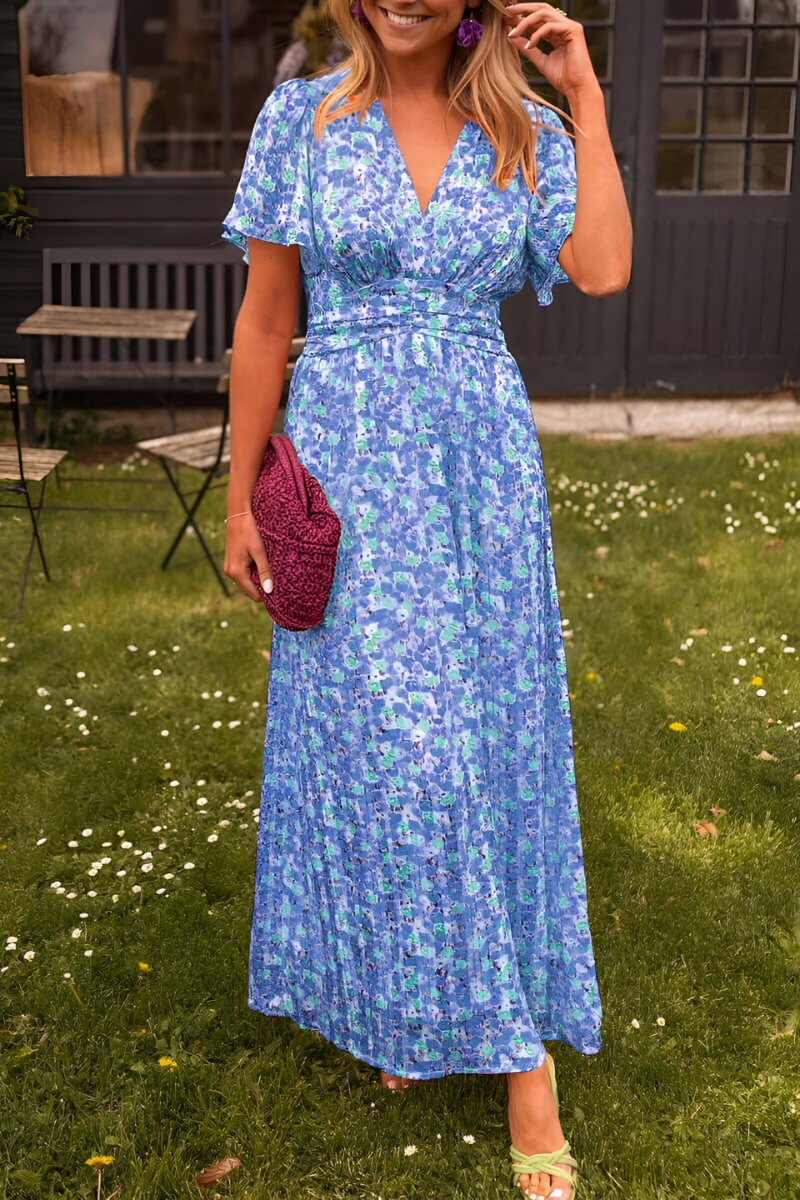 Verspieltes Damenkleid mit Blumenprint – Maxi-Länge & Kurzarm
