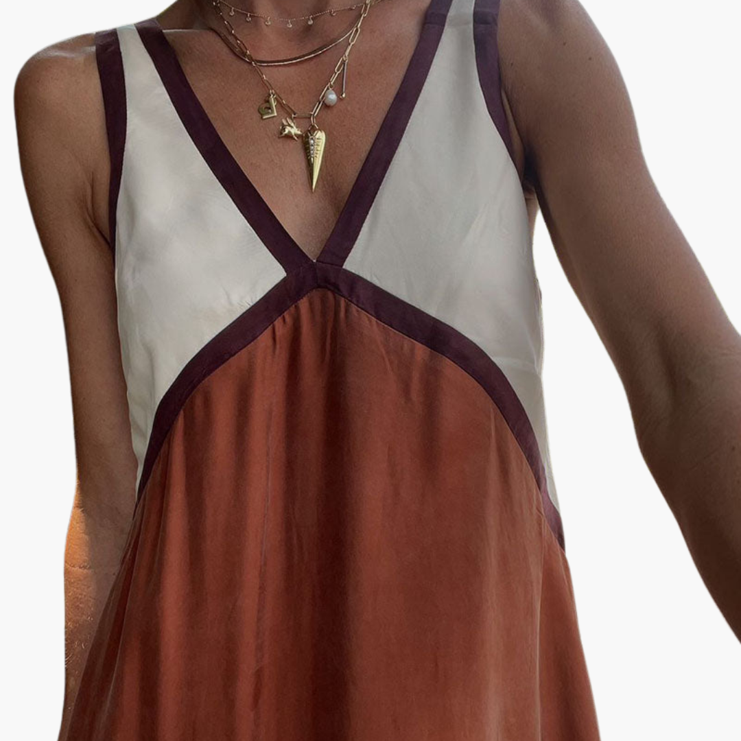 Leichtes V-Ausschnitt Maxi-Kleid für Frauen - Farbblock Design