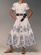 Damen Fließendes Bedrucktes Maxikleid Mit Geraffter Taille – Elegantes Sommerkleid in Blau