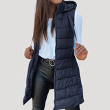 Drune | Frauen langes Gilet mit Kapuze gepolsterter Winter-Puffer in Marine