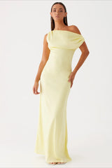 Damen Einfarbiges Maxikleid Mit Asymmetrischem Ausschnitt – Abendkleid in Gelb