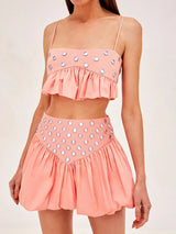 Damen Pailletten Spiegel Rock Set – Glänzendes Party Zweiteiler Outfit in Rosa