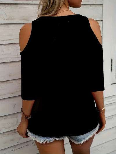 Modisches Shirt | Strass-Herz-Design | V-Ausschnitt & Schulterfrei