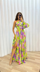 Damen Florales Schulterfreies Sommerkleid - Eleganter Fließender Event Kleid in Gelb