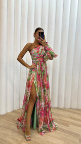 Damen Florales Schulterfreies Sommerkleid - Eleganter Fließender Event Kleid in Rosa