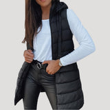 Drune | Frauen langes Gilet mit Kapuze gepolsterter Winter-Puffer in Schwarz